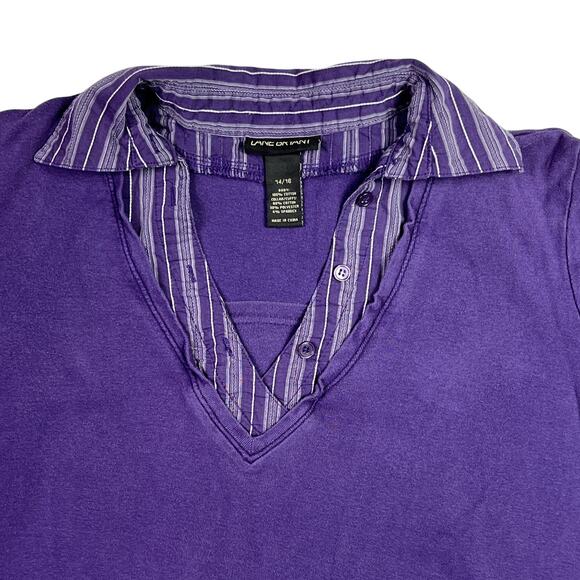 Lane Bryant Faux Layered 3/4 Sleeve Collar Blouse V Neck Plus Size 14/16 Purple - Picture 6 of 15